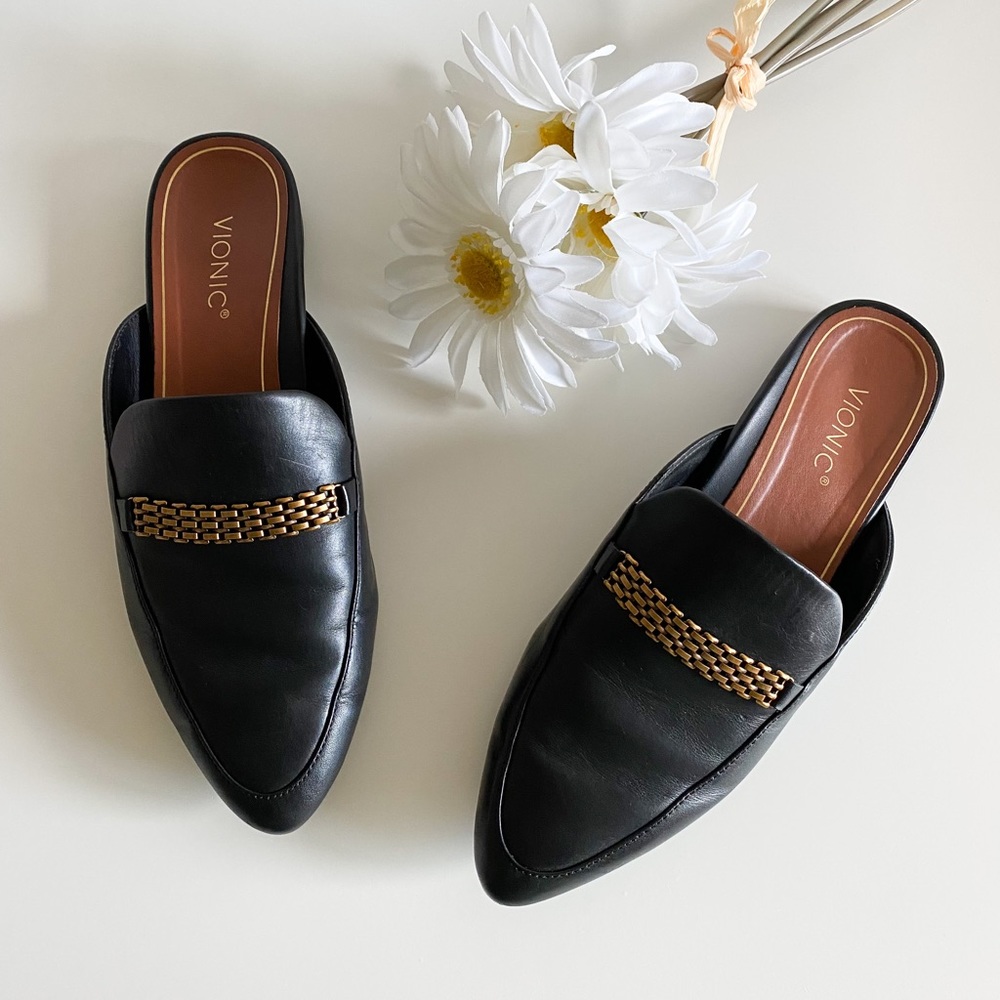 Vionic Black Loafers with Gold Chain Detail